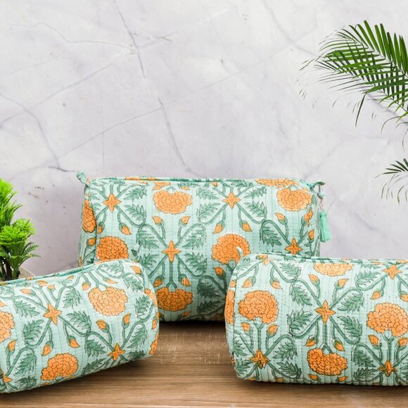 Cotton Toiletry Bag Floral Print Light Green Color Toiletry Bag Pack 3 For Women Storage & Organization